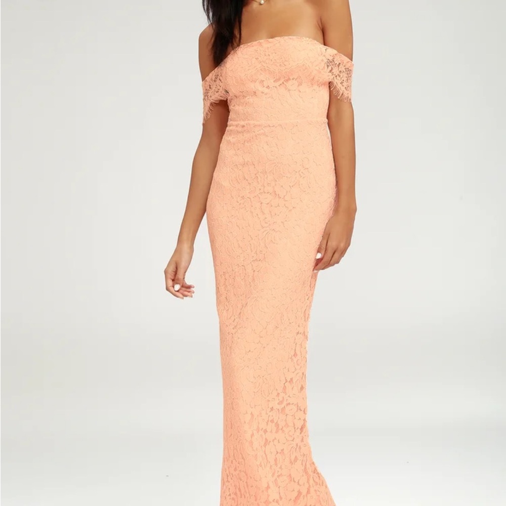 Romantic Heart Blush Pink Lace Off-the-Shoulder Maxi Dress